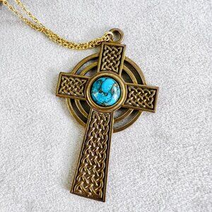 From War to Peace BRONZE Turquoise Stone CELTIC CROSS Pendant Necklace